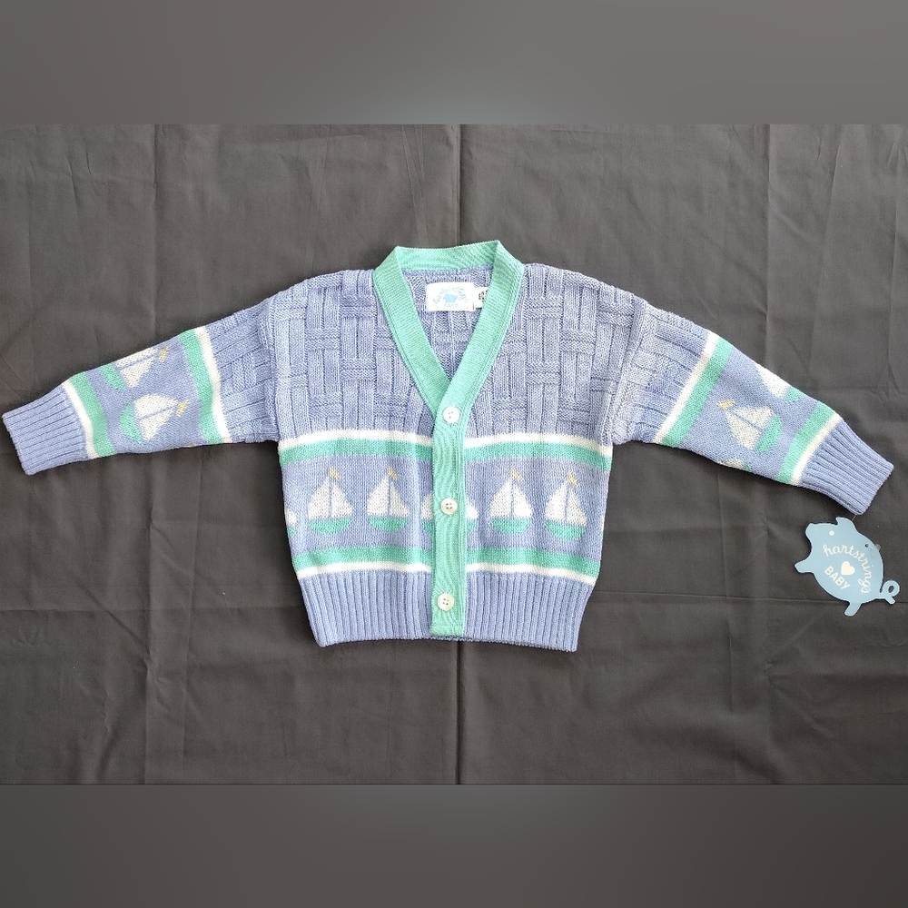 Vintage NWT Hartstrings Boys Blue Boats Cardigan Sweater 12 months Preppy Retro